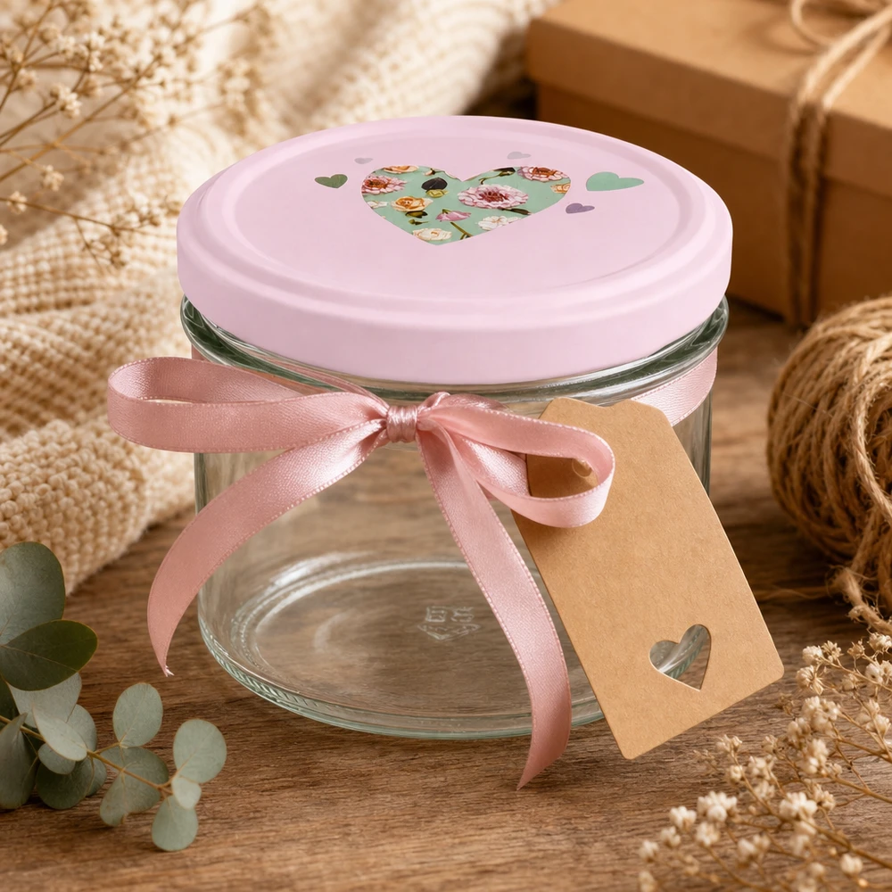 Verre renversé de 225 ml avec couvercle rose en forme de cœur comme emballage cadeau avec ruban et pendentif dans une décoration romantique
