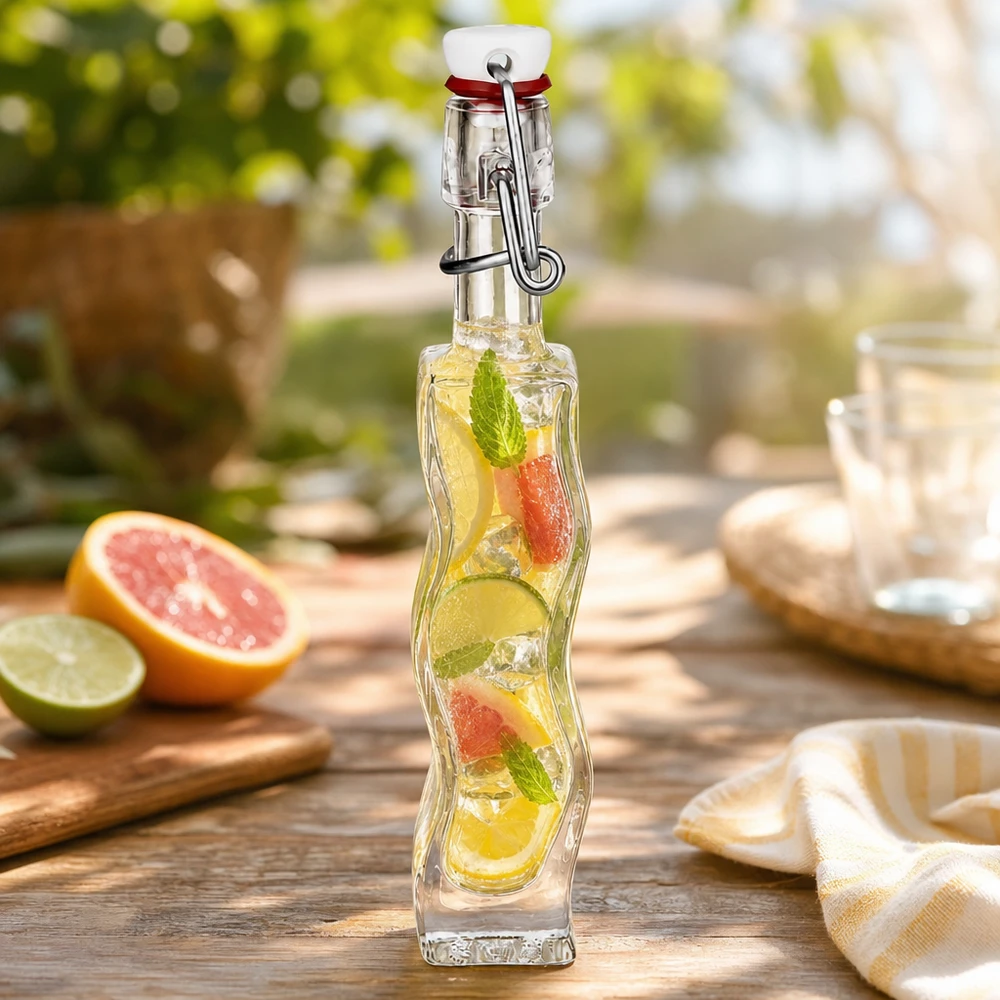 Flacon en verre « Fila » 40 ml avec bouchon en PVC UNiTWIST® Bouteille en verre Anna de 40 ml remplie de jus d'agrumes sur table en bois avec pamplemousse citron vert et menthe à l'extérieur