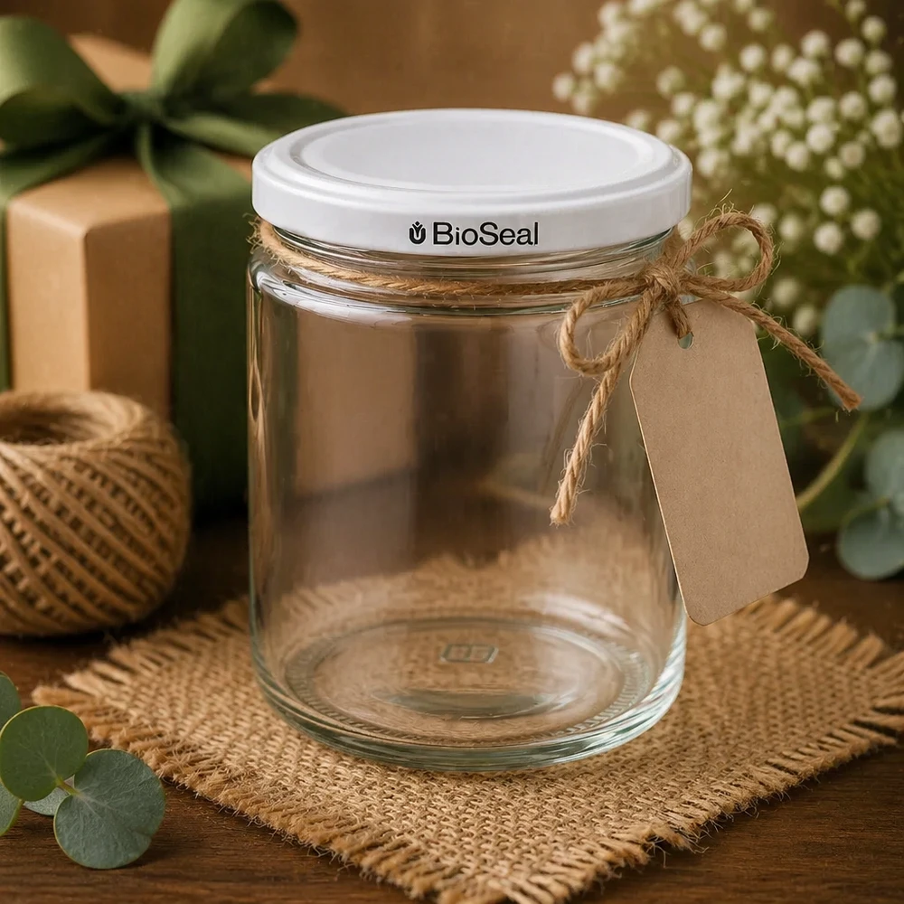 Pot à miel 350 g avec couvercle blanc BioSeal UNiTWIST 250ml pot de miel BioSeal UNiTWIST vide décoré avec boucle de jute pendentif en papier kraft style cadeau rustique