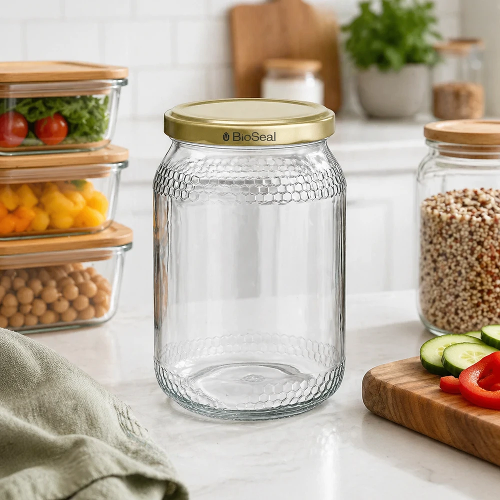 Pot à miel 1260 g avec couvercle doré BioSeal UNiTWIST Pot de miel 900ml vide avec couvercle BioSeal doré dans la cuisine moderne entre les boîtes à provisions et les ingrédients frais