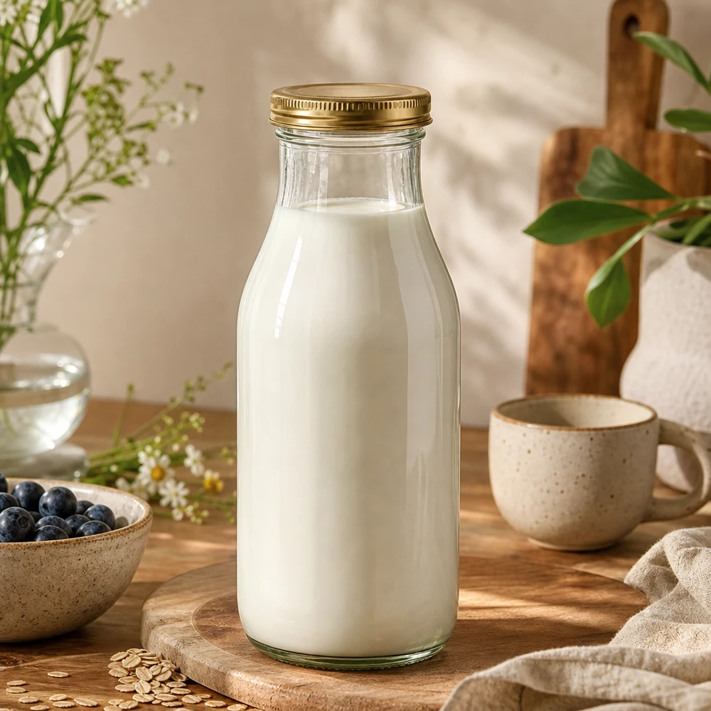 263ml Bouteille avec couvercle BioSeal or UNiTWIST UNiTWIST Bottle263 Bouteille en verre remplie de lait avec couvercle TO43 BioSeal doré dans une scène de cuisine naturelle
