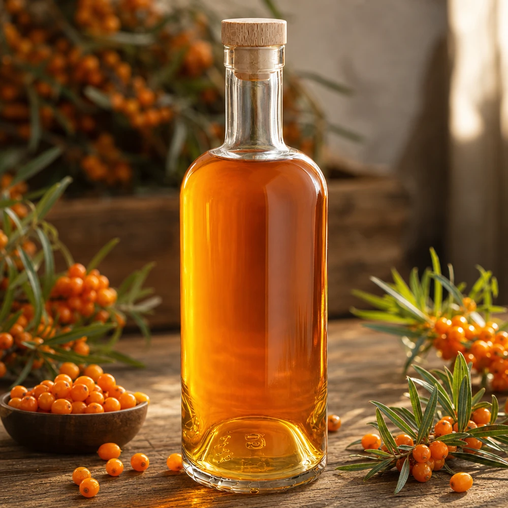 Bouteille en verre 750 ml « Emma » avec bouchon en bois UNiTWIST® Bouteille en verre Emma de 750 ml avec bouchon en bois remplie d'huile d'argousier orange entourée de baies et de branches d'argousier.