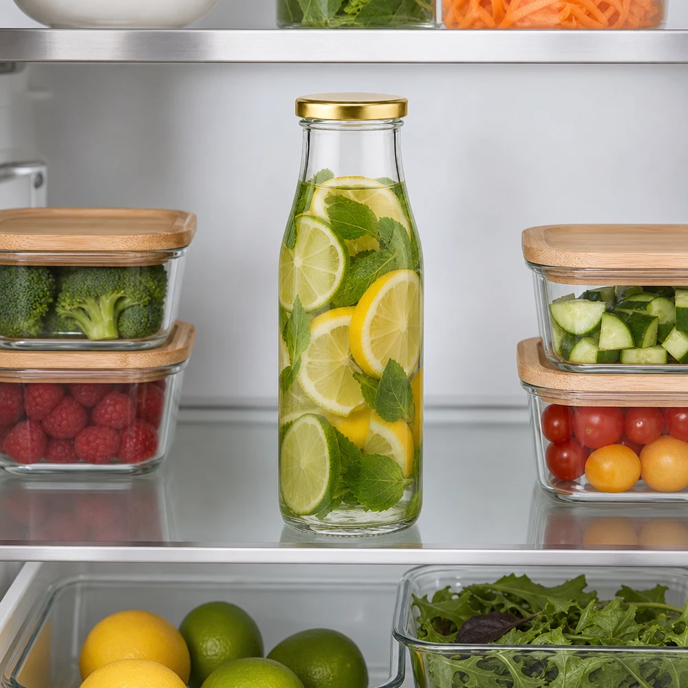 500ml Bouteille avec couvercle BasicSeal or UNiTWIST Bouteille en verre de 500 ml BasicSeal or dans le réfrigérateur avec boisson au citron et à la menthe entre les boîtes à provisions avec fruits légumes