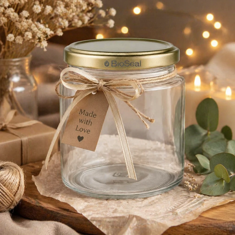 Pot à miel 350 g avec couvercle doré BioSeal UNiTWIST Leeres 250ml BioSeal Honigglas dekorativ arrangiert mit Geschenkband und Made with Love Anhänger, goldener UNiTWIST Deck