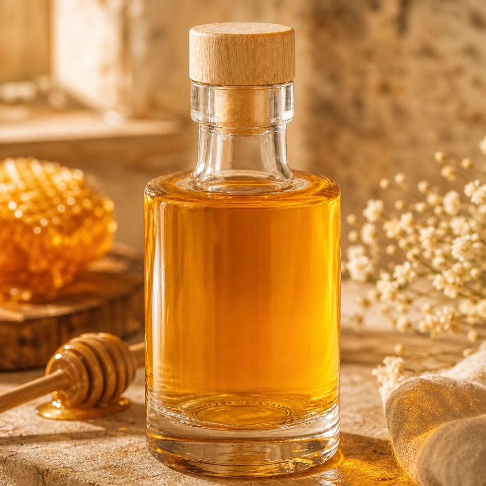 Bouteille en verre 100 ml « Marie » avec bouchon en bois UNiTWIST® Bouteille en verre Marie de 100 ml avec bouchon en bois remplie de miel à côté d'un nid d'abeille et d'une cuillère à miel sur une table en bois rustique