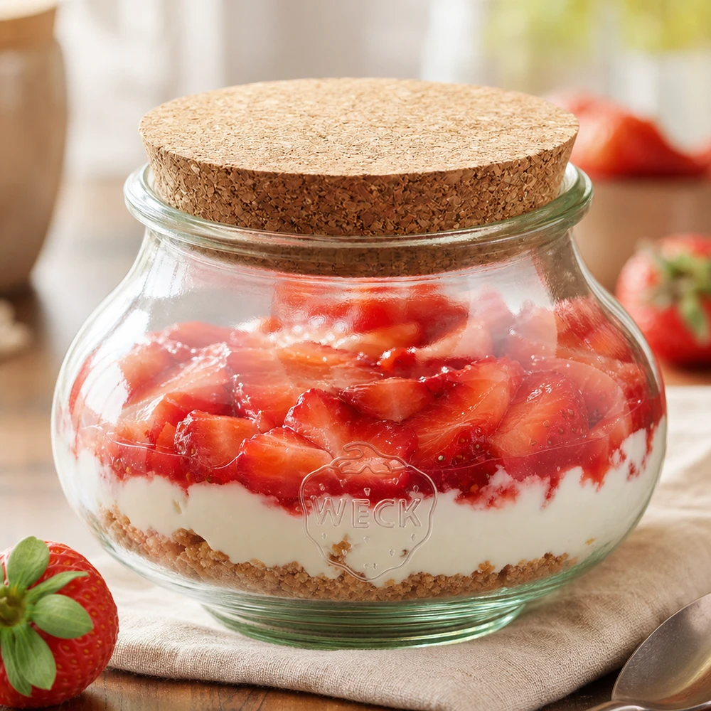 560ml bocal décoratif WECK RR80 avec bouchon nature WECK Verre à bijoux 560ml RR80 avec bouchon comme verre à dessert pour le dessert stratifié fraise-yaourt Présentation de cuisine