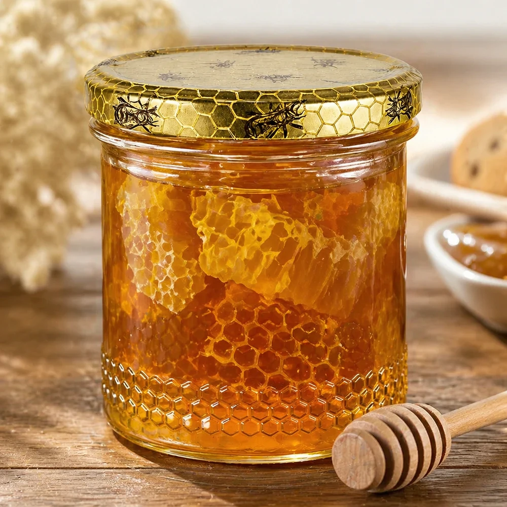 Pot à miel 560 g avec couvercle motif rayon de miel BasicSeal UNiTWIST Pot à miel 400ml avec contenu alvéolé et couvercle BasicSeal, cuillère à miel en bois, présentation authentique de l'apiculture