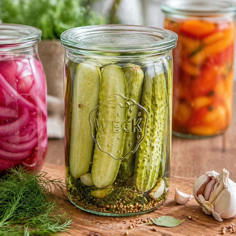 1000ml bocal conique avec bouchon en verre WECK RR100 WECK Pot de 1000ml RR100 rempli de cornichons marinés à côté de l'ail et de l'aneth pour la fermentation et le picking