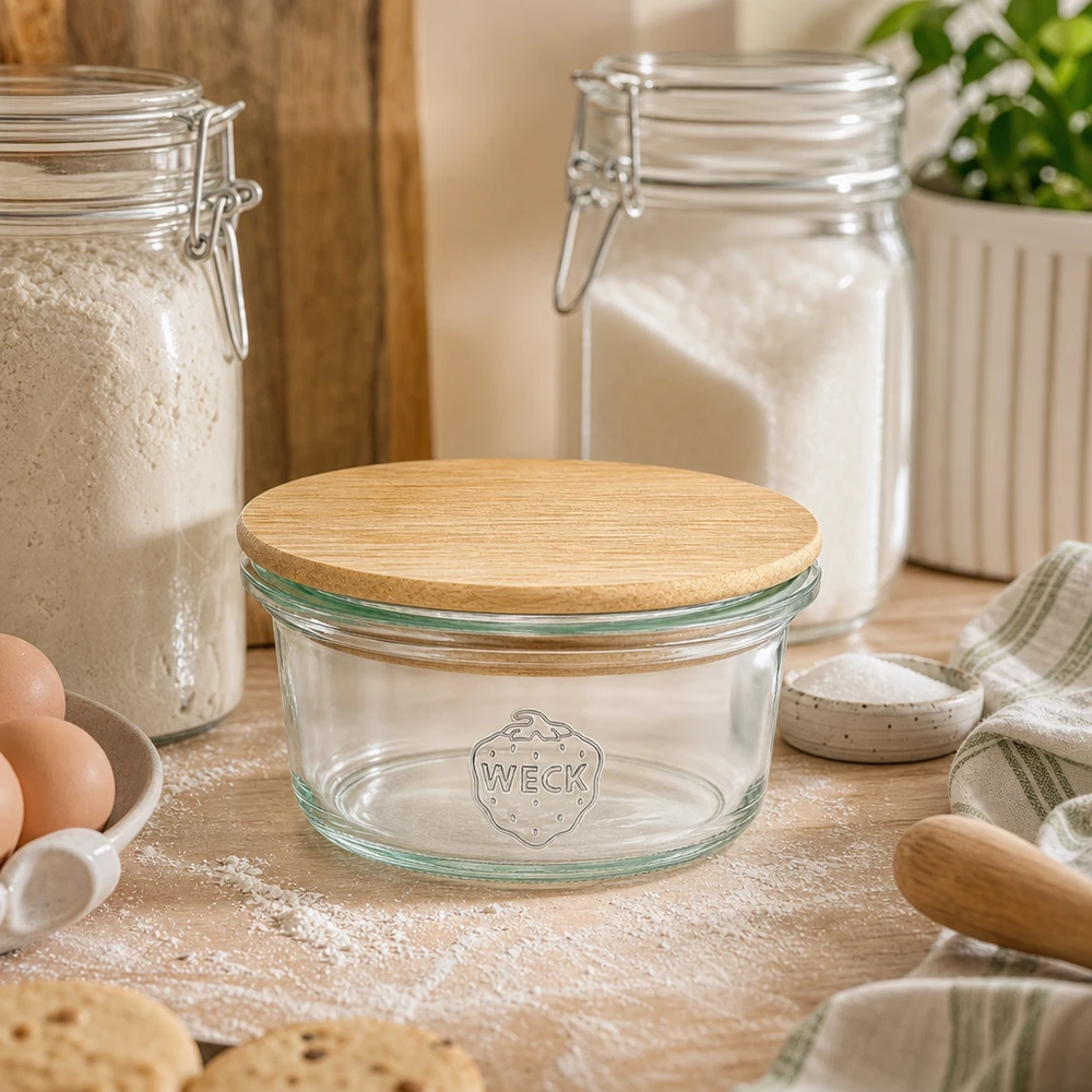 Mini bocal de 50ml WECK RR60 avec couvercle en bois WECK Mini Sturzglas 50ml mit Bambusdeckel in gemütlicher Backstube zwischen Mehl, Eiern und Backutensilien auf Holzbrett