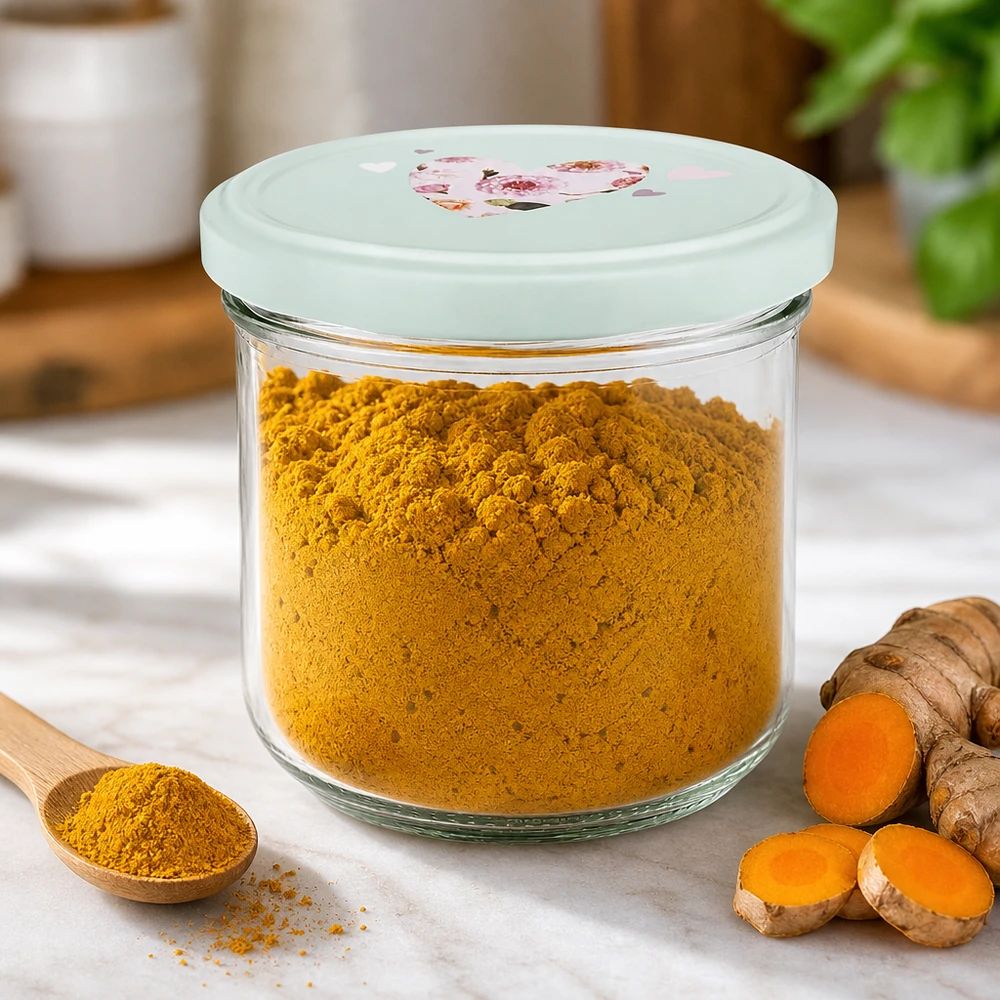 Tumbler de 260 ml + couvercle BasicSeal cur menthe UNiTWIST Verre renversé de 260 ml avec couvercle BasicSeal rempli de poudre de curcuma, à côté de racines de curcuma fraîches et d'une cuillère en bois