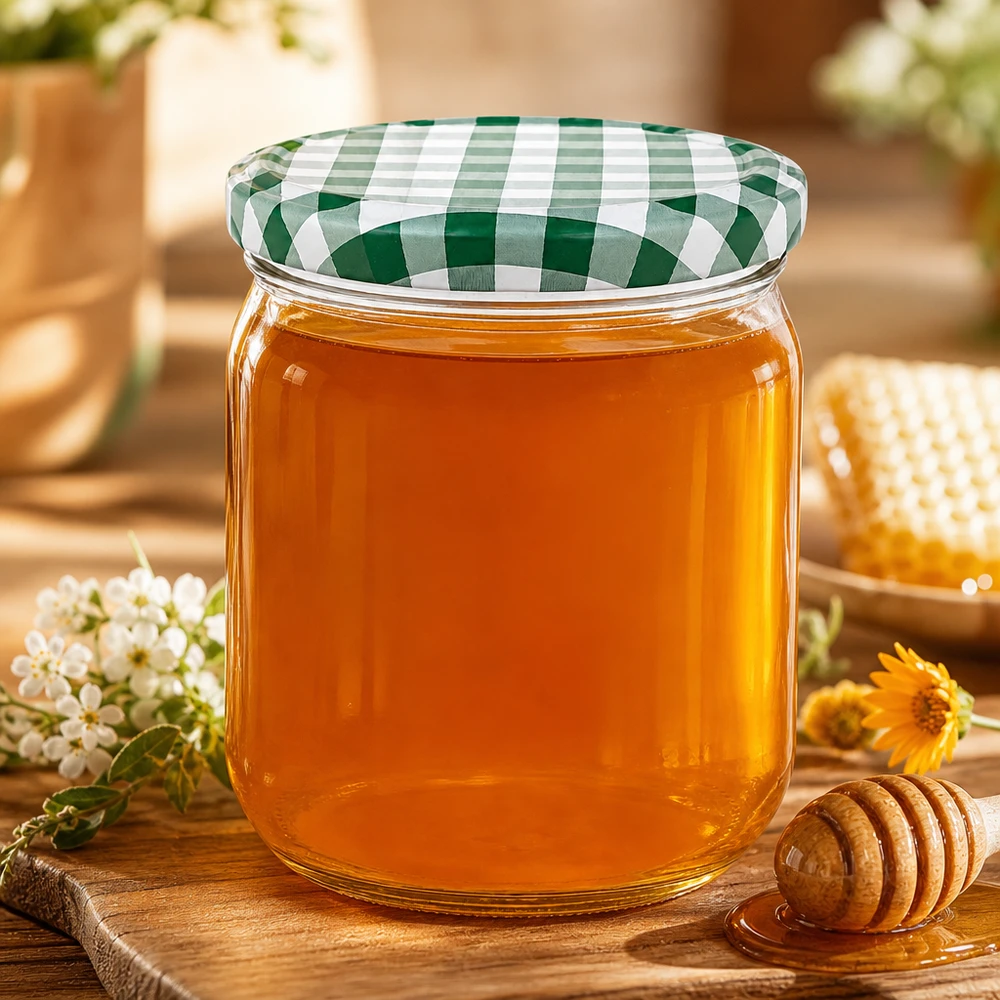 425ml Verre rond BasicSeal à carreaux verts et blancs rempli de miel à côté d'une cuillère à miel et d'alvéoles sur une table en bois