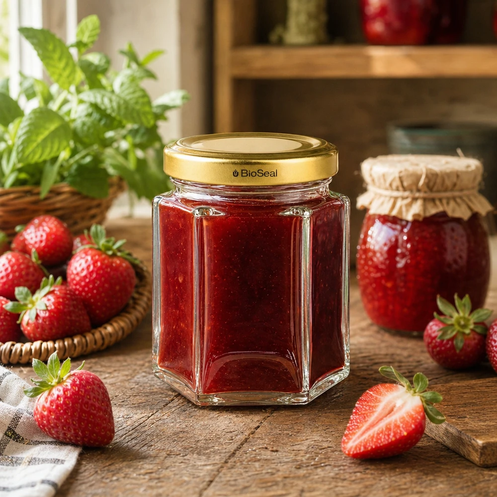 Pot à miel 60 g avec couvercle doré BioSeal UNiTWIST Pot de miel BioSeal de 60g rempli de confiture de fraises dans un décor de cuisine avec des fraises fraîches et de la menthe