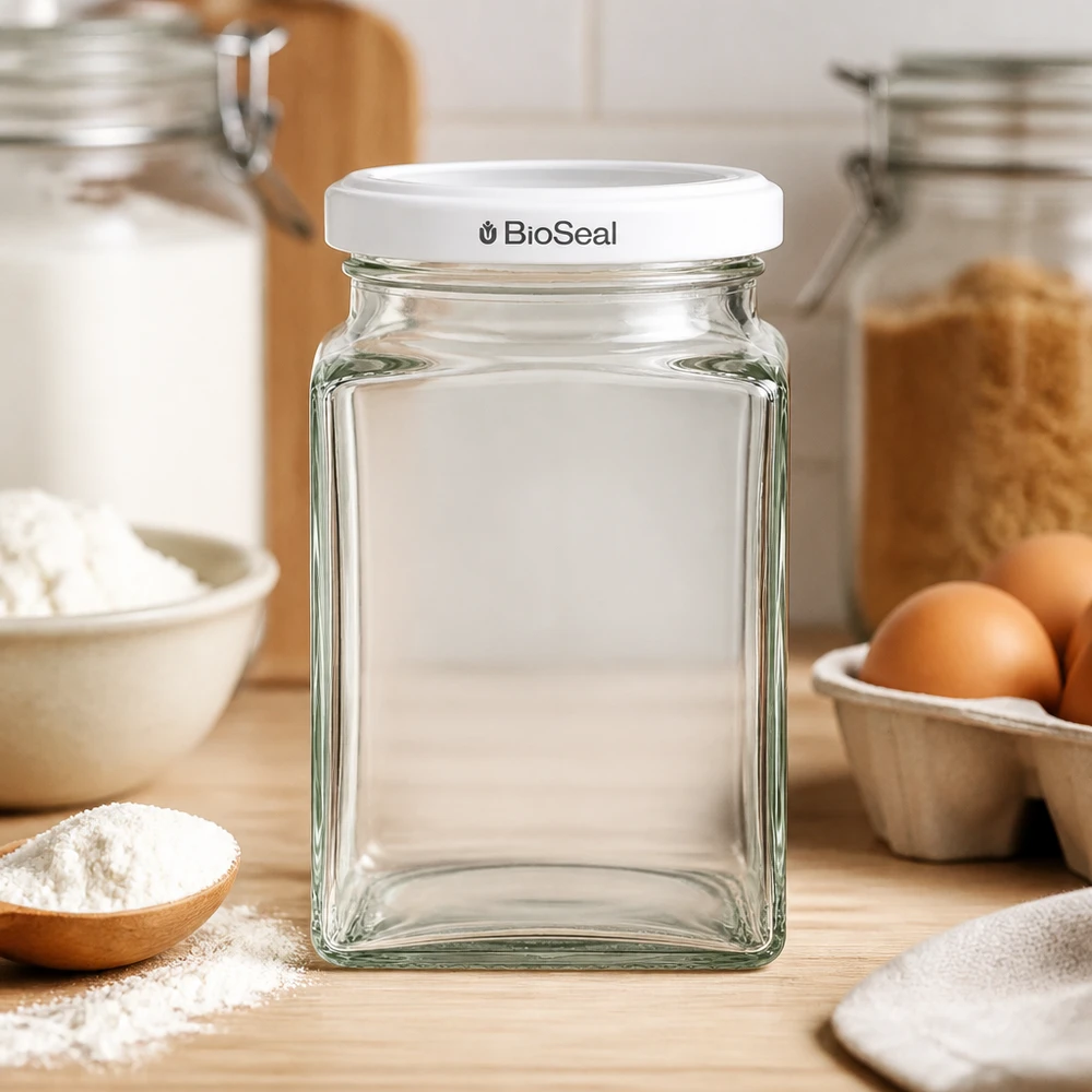 260ml Tetraglas avec couvercle BioSeal blanc UNiTWIST UNiTWIST Tetra260 Glasdose leer auf Holzbrett Küche Backzutaten Eier Mehl weißer TO58 BioSeal Deckel Backen