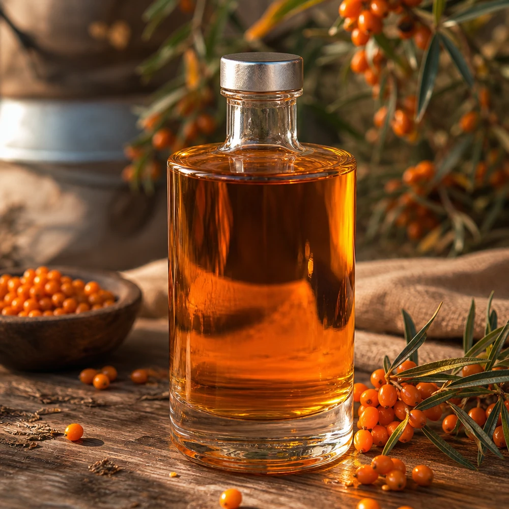 Bouteille en verre 375 ml « Sam » et bouchon à vis argenté UNiTWIST® Bouteille en verre Sam de 375 ml remplie d'huile d'argousier orange entre des baies d'argousier et une décoration naturelle