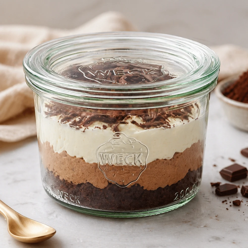 200ml bocal conique avec bouchon en verre WECK RR80 WECK Verre renversé 200ml RR80 rempli de dessert en couches montre une utilisation polyvalente comme verre à dessert et plat de service