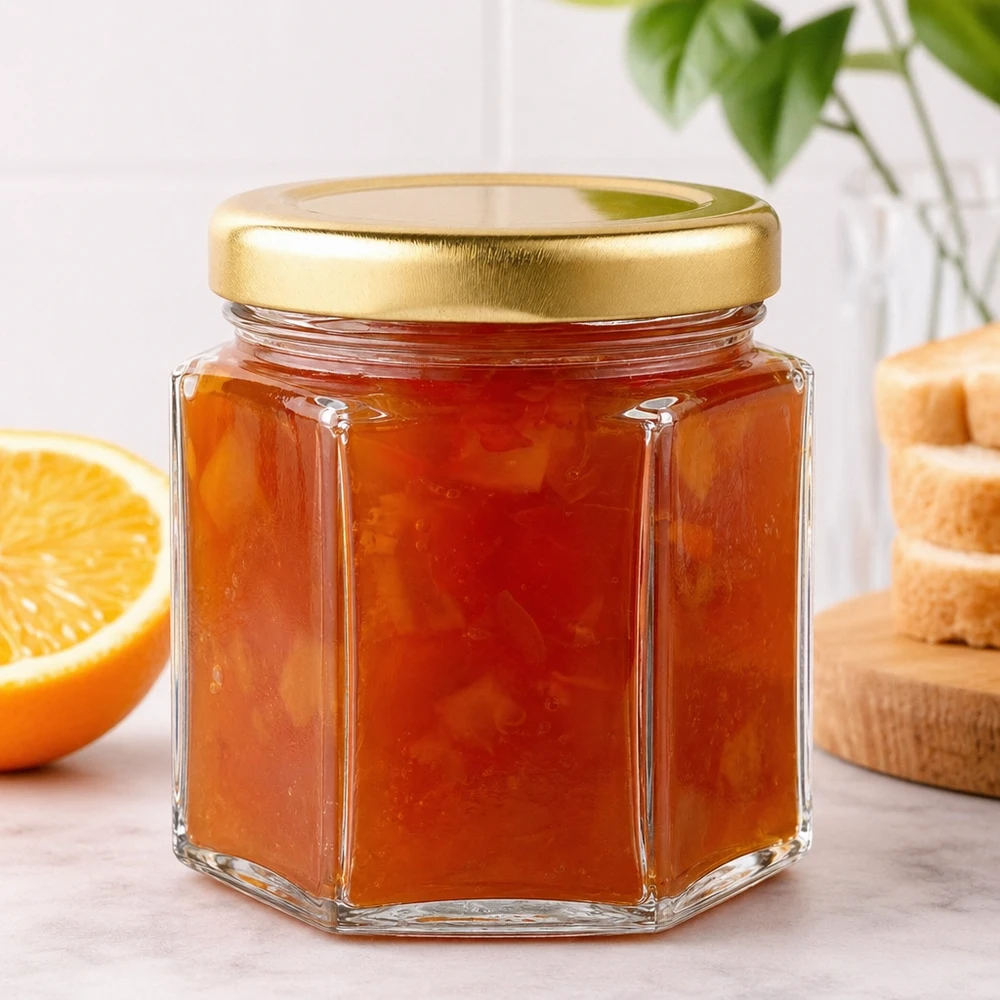 Pot à miel 60 g avec couvercle doré BasicSeal UNiTWIST Pot de miel hexagonal de 60g rempli de marmelade d'orange à côté d'une orange coupée et de pain grillé