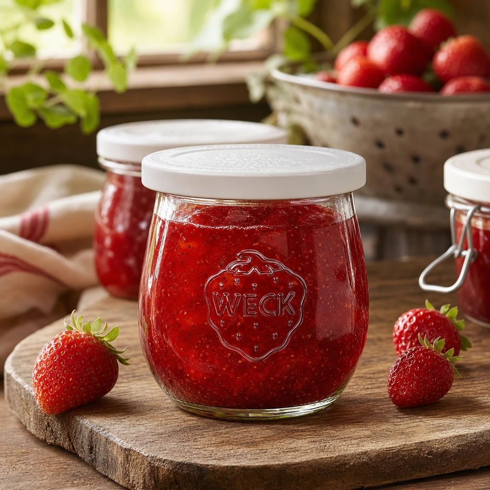 Bocal en forme de tulipe de 220 ml avec couvercle hermétique WECK RR60 WECK Pot tulipe 220ml RR60 rempli de confiture de fraise sur planche en bois - pot de conserve décoré dans une cuisine rustique