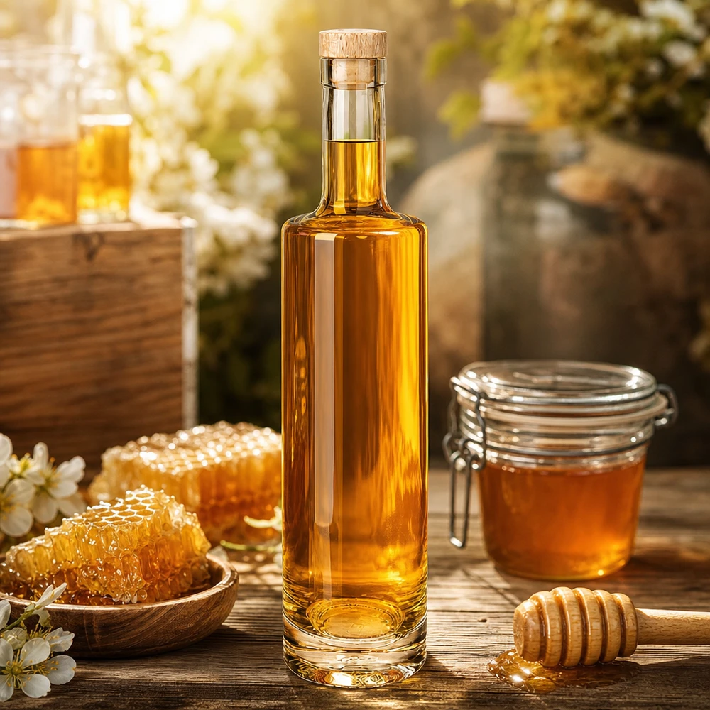 Bouteille en verre 500 ml « Lina » avec bouchon en bois UNiTWIST® Glasflasche Lina 500ml mit Honig befüllt neben Bienenwaben und Honigglas rustikale Küchendeko mit Holzkorken