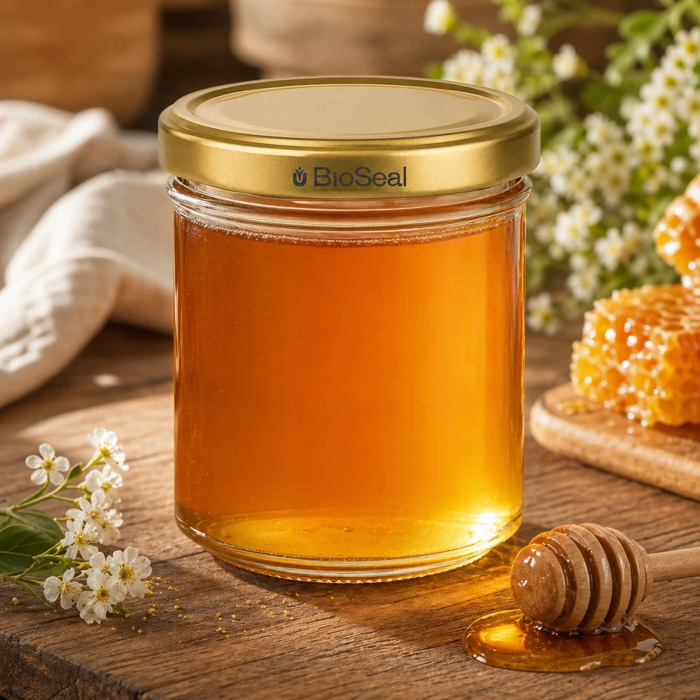 Pot à miel 200 g avec couvercle doré BioSeal UNiTWIST BioSeal 200g pot de miel rempli de miel doré cuillère de miel nid d'abeille fleurs décoration rustique en bois