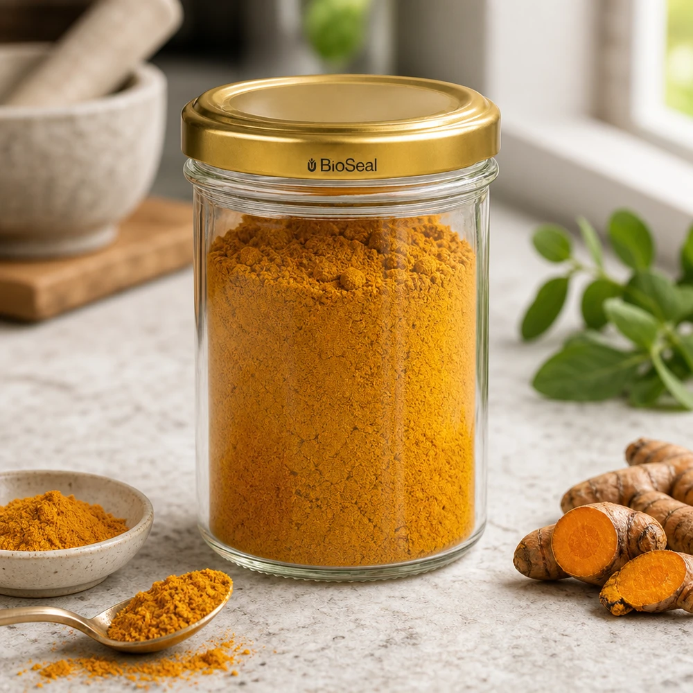 UNiTWIST Sturz230 Bocal avec couvercle TO66 BioSeal doré rempli de poudre de curcuma à côté de racines de curcuma fraîches