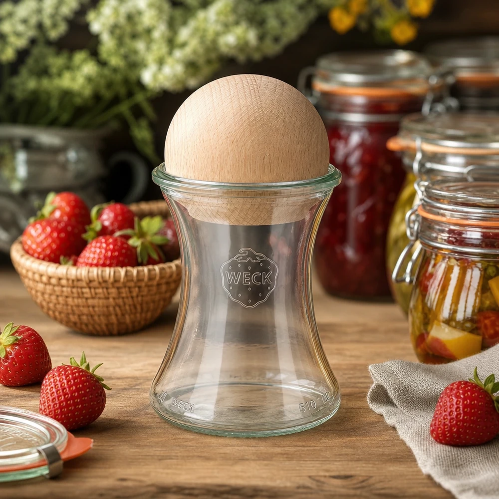 370ml bocal à gourmandises WECK RR80 avec boule en bois en hêtre WECK Pot 370ml RR80 Sphère en bois hêtre Ambiance cuisine Fraises Pots de confiture Pots de conservation Conservation