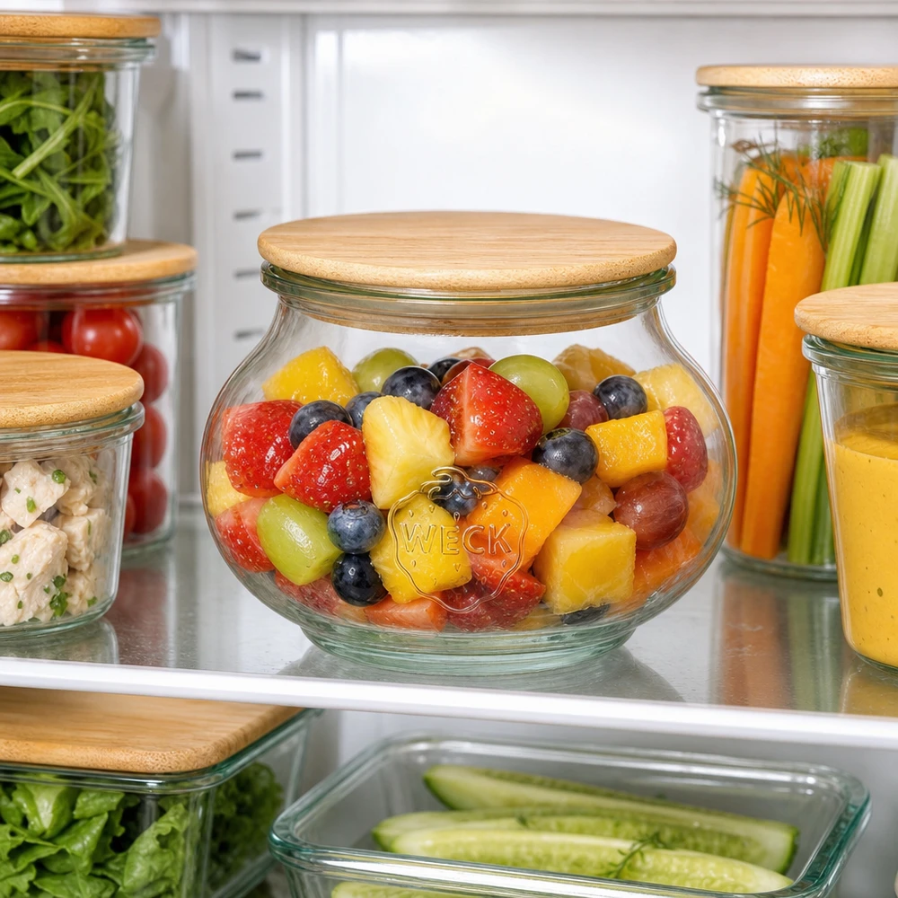 560ml bocal décoratif WECK RR80 avec couvercle en bois WECK Pot à provisions 560ml RR80 avec couvercle en bois rempli de salade de fruits au réfrigérateur conservation organisée des aliments
