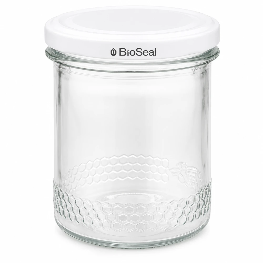 Pot à miel de 400 ml avec couvercle blanc BioSeal UNiTWIST Pot de conservation Matériel d'apiculture Emballage en verre