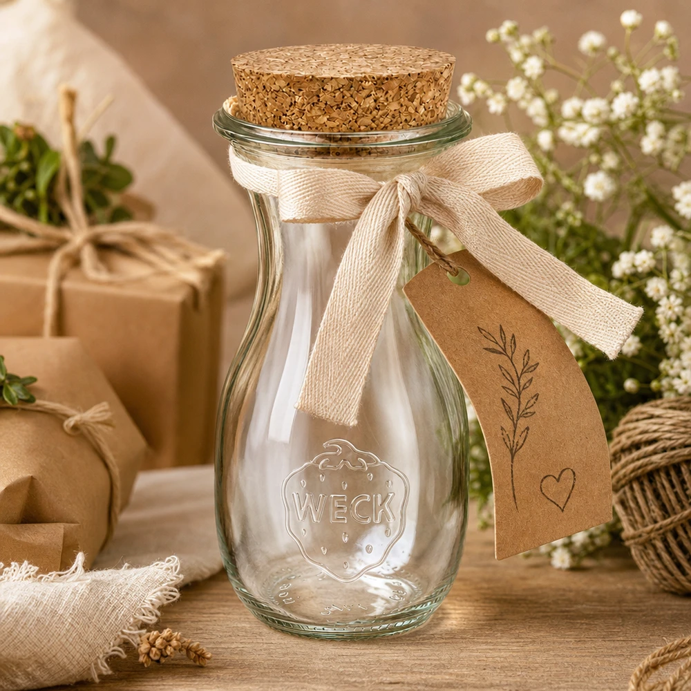 290ml Bouteille à jus de fruits WECK RR60 avec bouchon nature WECK Bouteille de jus de fruits 290ml décorée avec un ruban et une étiquette cadeau comme idée de cadeau dans un environnement décoratif naturel
