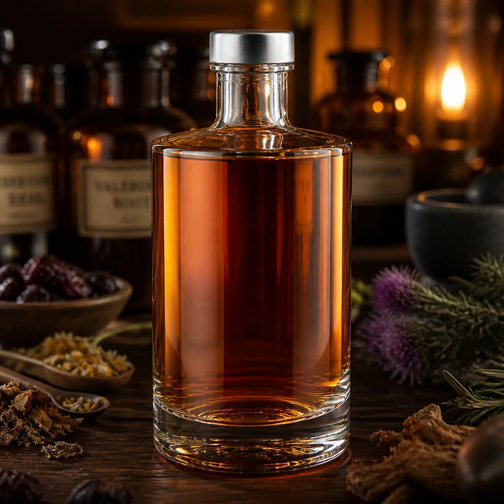 Bouteille en verre 375 ml « Sam » et bouchon à vis argenté UNiTWIST® Bouteille en verre Sam de 375 ml avec remplissage ambré et bouchon à vis argenté dans une ambiance rustique avec botanique