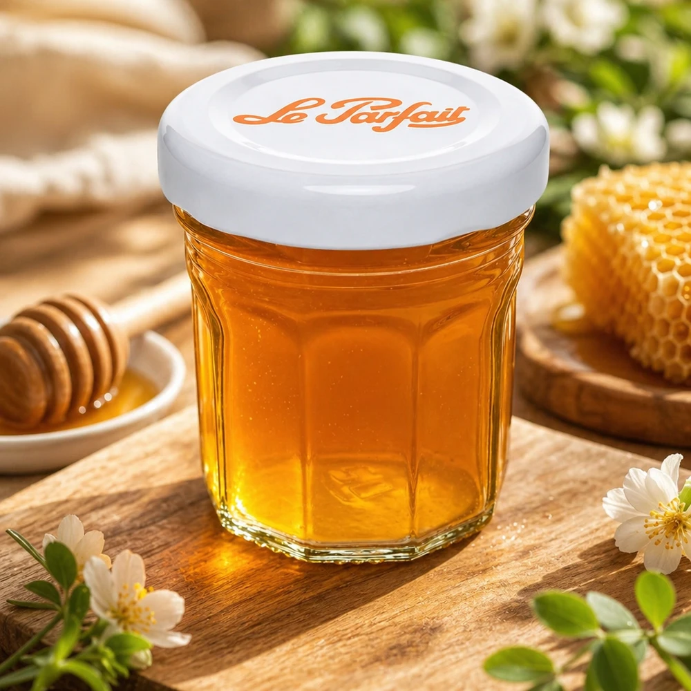 Le Parfait® Mini‑Jam 44 ml Ø48 mm pot Le Parfait Mini-verre à pied de 44ml rempli de miel à côté de rayons et cuillère à miel sur table en bois avec décoration de fleurs