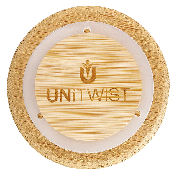 Couvercle en bois RR40 WECK Couvercle en bois WECK RR40 version A par le haut avec gravure du logo UNITWIST et structure en bois de chêne veiné naturel