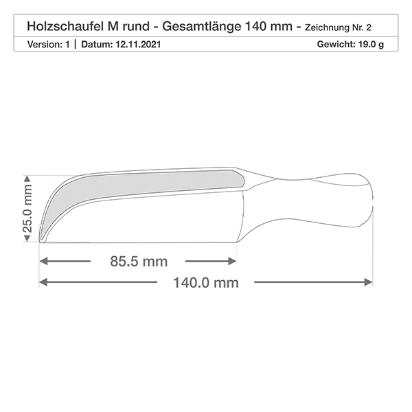 Pelle en bois taille M forme semi-circulaire - 140mm de long Dessin détaillé de la pelle en bois M aux dimensions précises de 85,5mm de largeur de pelle et 25mm de hauteur pour une utilisation en cuisine