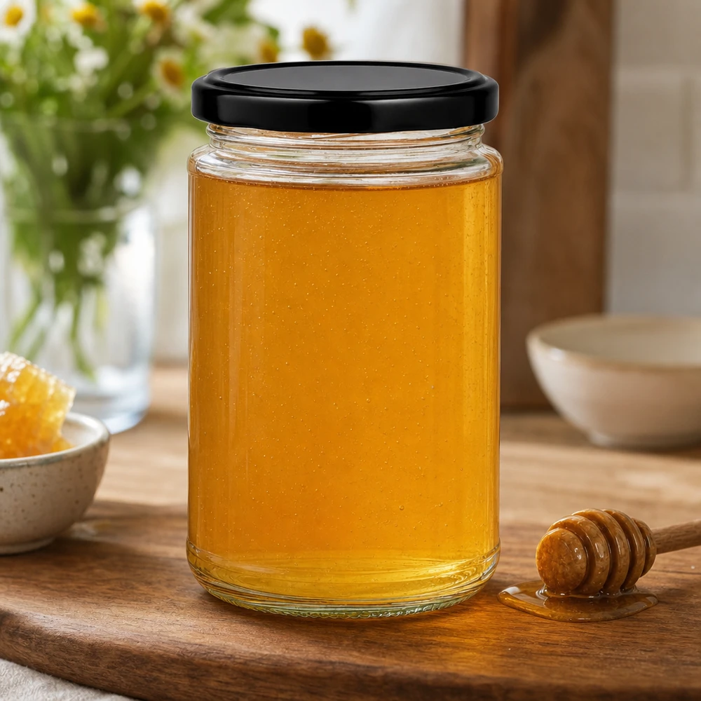 390ml Verre rond BasicSeal Couvercle noir rempli de miel Planche en bois Cuillère à miel Scène de cuisine Matériel d'apiculture