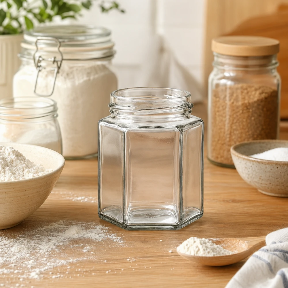 196ml Verre hexagonal sans couvercle (TO58) UNiTWIST UNiTWIST Hexa196 verre hexagonal 196ml TO53 pas de vis vide sur table en bois dans cuisine moderne avec bocaux à provisions