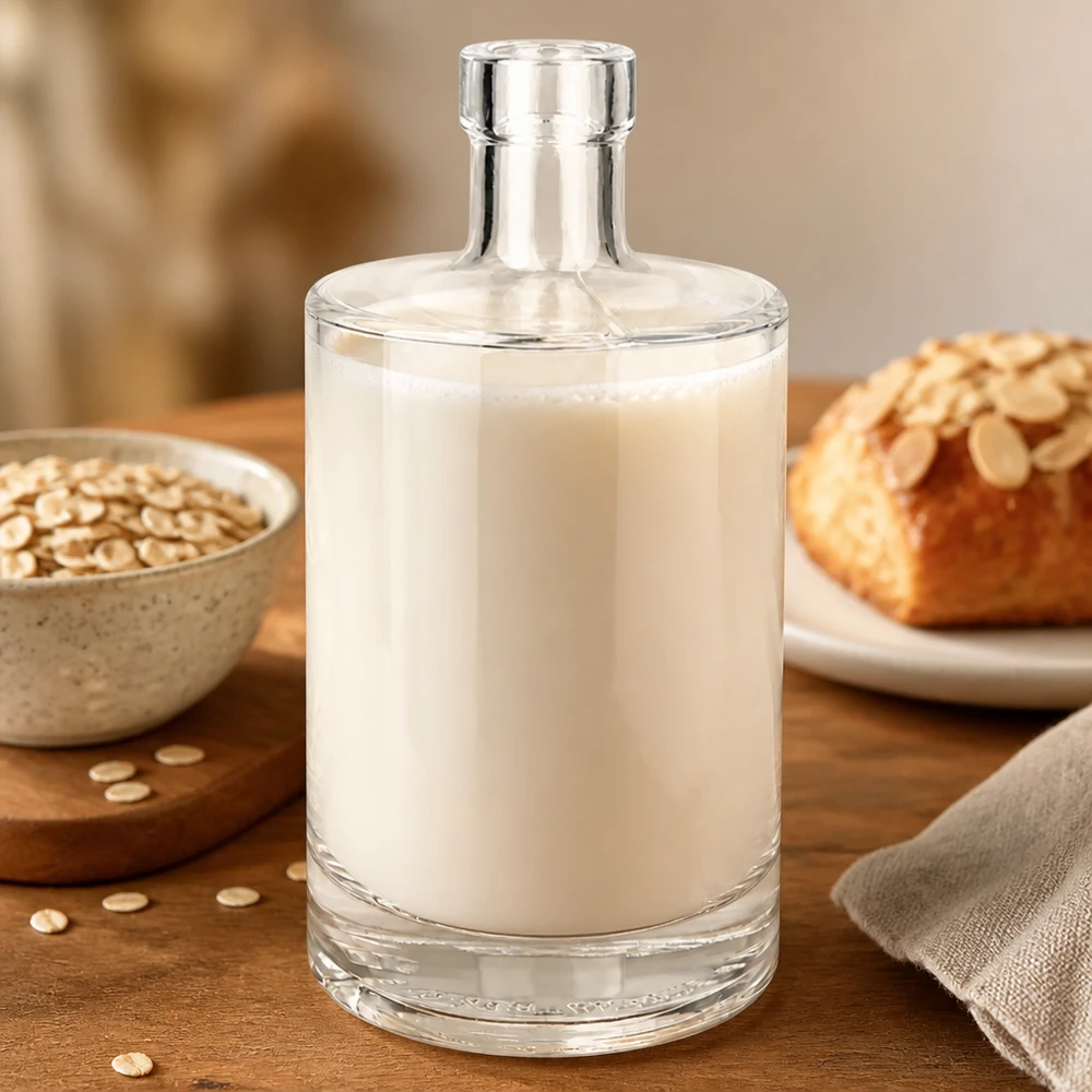La bouteille en verre Marie de 500 ml remplie de lait d'avoine à côté de flocons d'avoine et de pain montre la polyvalence des alternatives au lait