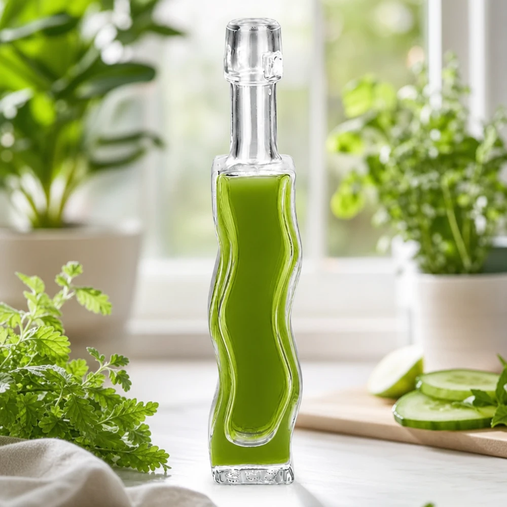 Flacon en verre « Fila » 40 ml sans bouchon UNiTWIST® Bouteille en verre Anna de 40ml remplie d'extrait d'herbes vertes Persil Décoration claire rebord de fenêtre Ambiance cosmétique naturelle