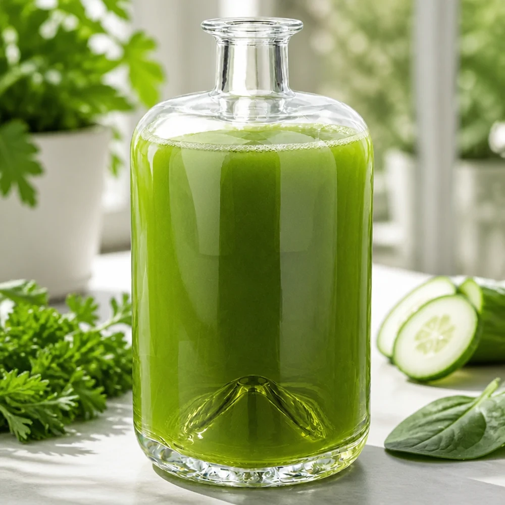 Bouteille en verre de 700ml Sofia remplie de smoothie vert en plus de concombre persil et épinards scène d'alimentation saine