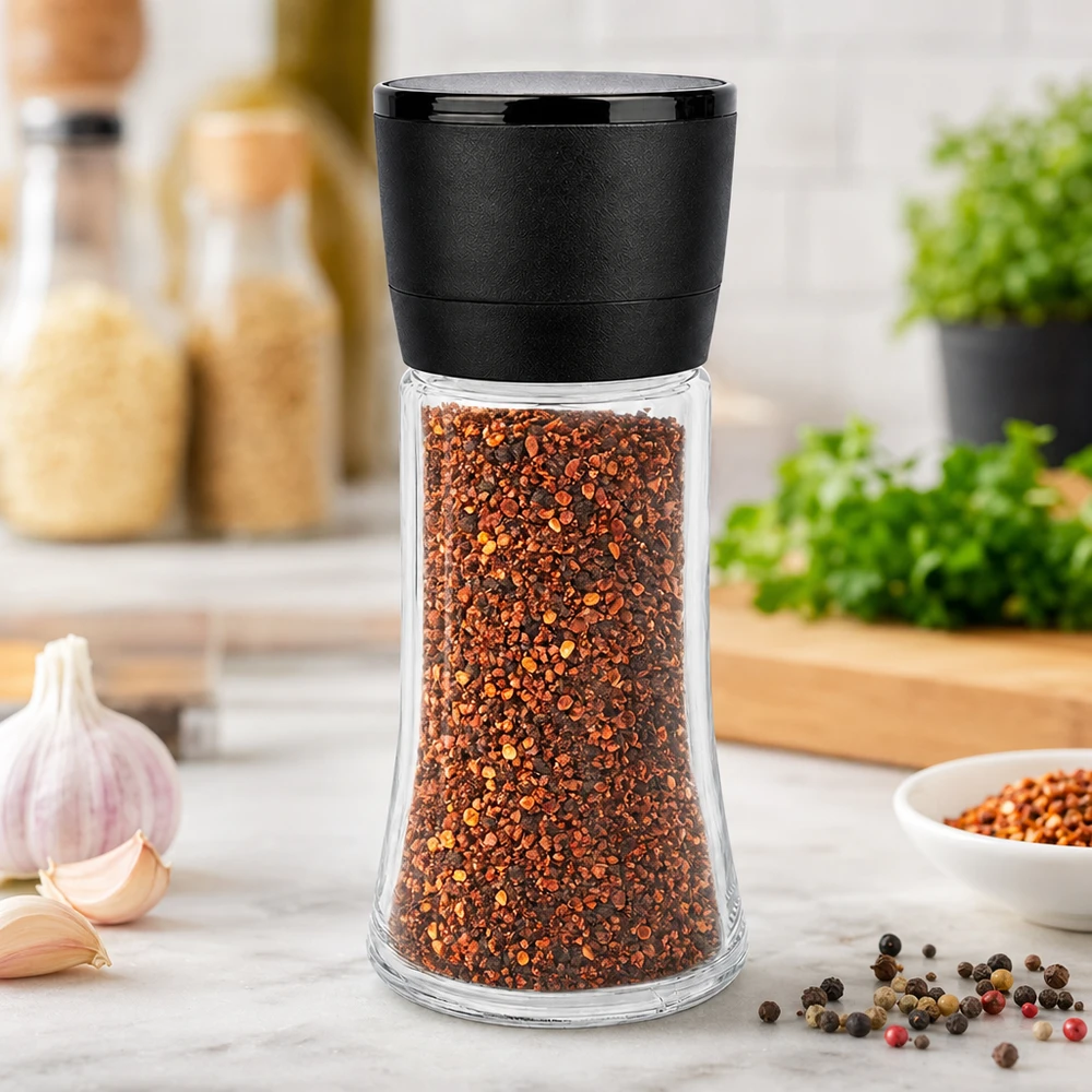 Moulin « Schwarze Mühle Vario » sur un récipient en verre transparent de 95 ml, rempli de flocons de piment rouge, dans un décor de cuisine