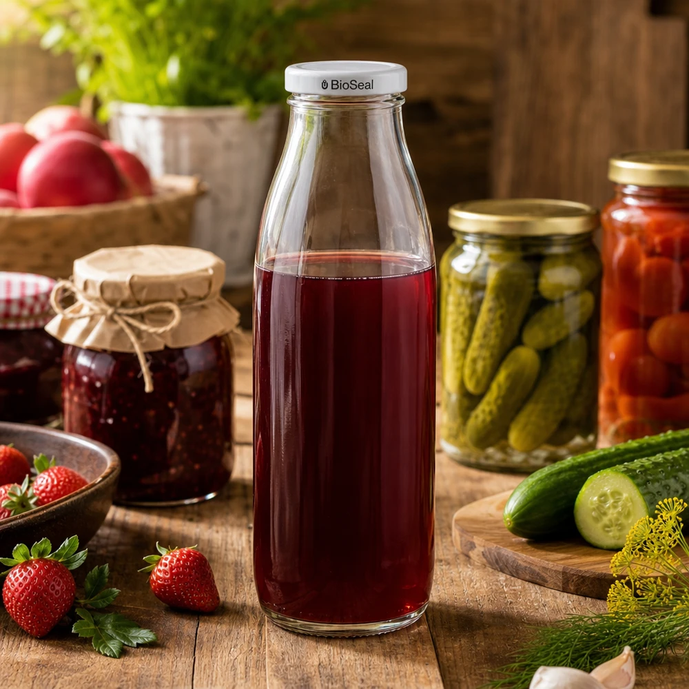 Bouteille en verre de 500 ml remplie de jus rouge, couvercle BioSeal blanc, entourée de bocaux et de cornichons frais