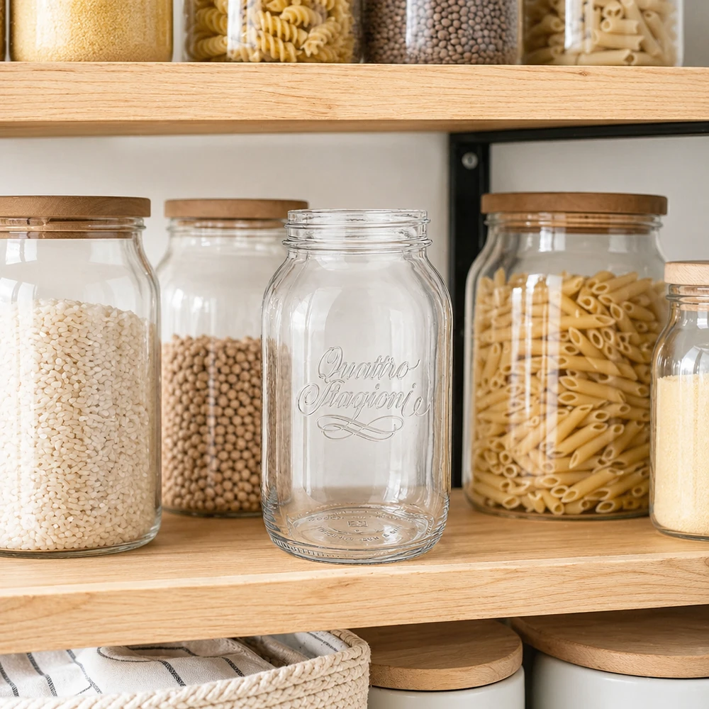 1500ml Verre rond 'Quattro Stagioni' QS86mm 1500ml Quattro Stagioni Verre de ménage vide sur une étagère en bois à côté de bocaux à provisions remplis de pâtes et de légumineuses