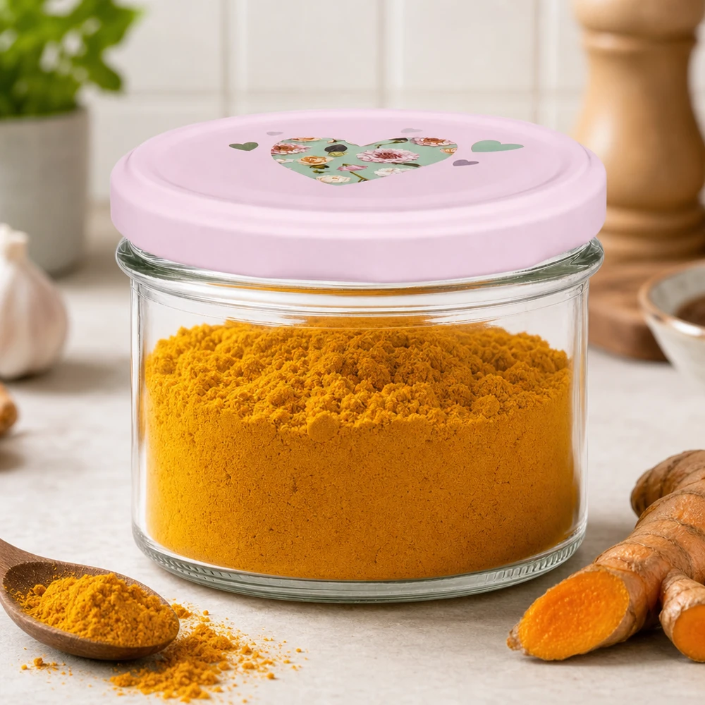 Poudre de curcuma en bocal de 225 ml avec couvercle rose en forme de cœur dans la cuisine à côté de racines de curcuma fraîches