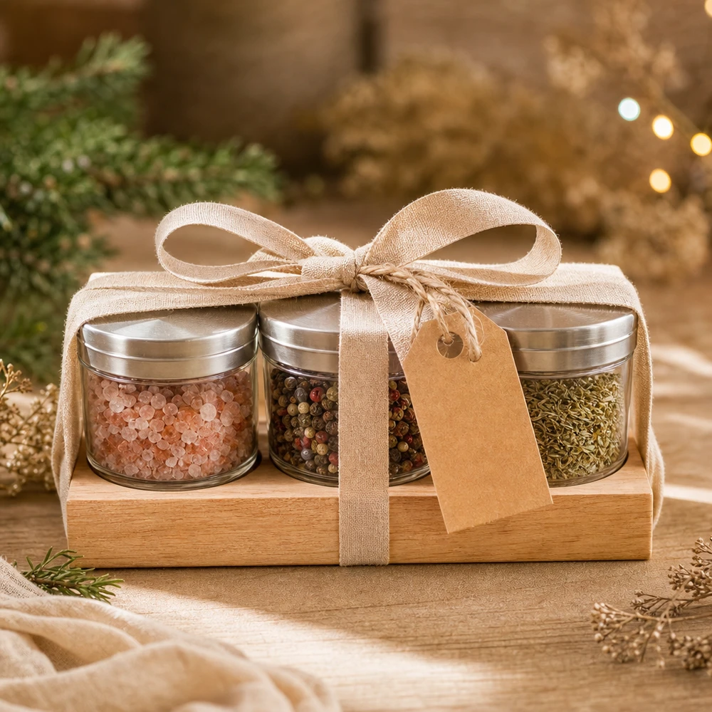Planche à servir Plano3 Set cadeau avec des épices dans des bocaux WECK - Sel de l'Himalaya Poivre Herbes aromatiques dans une boîte en bois avec ruban