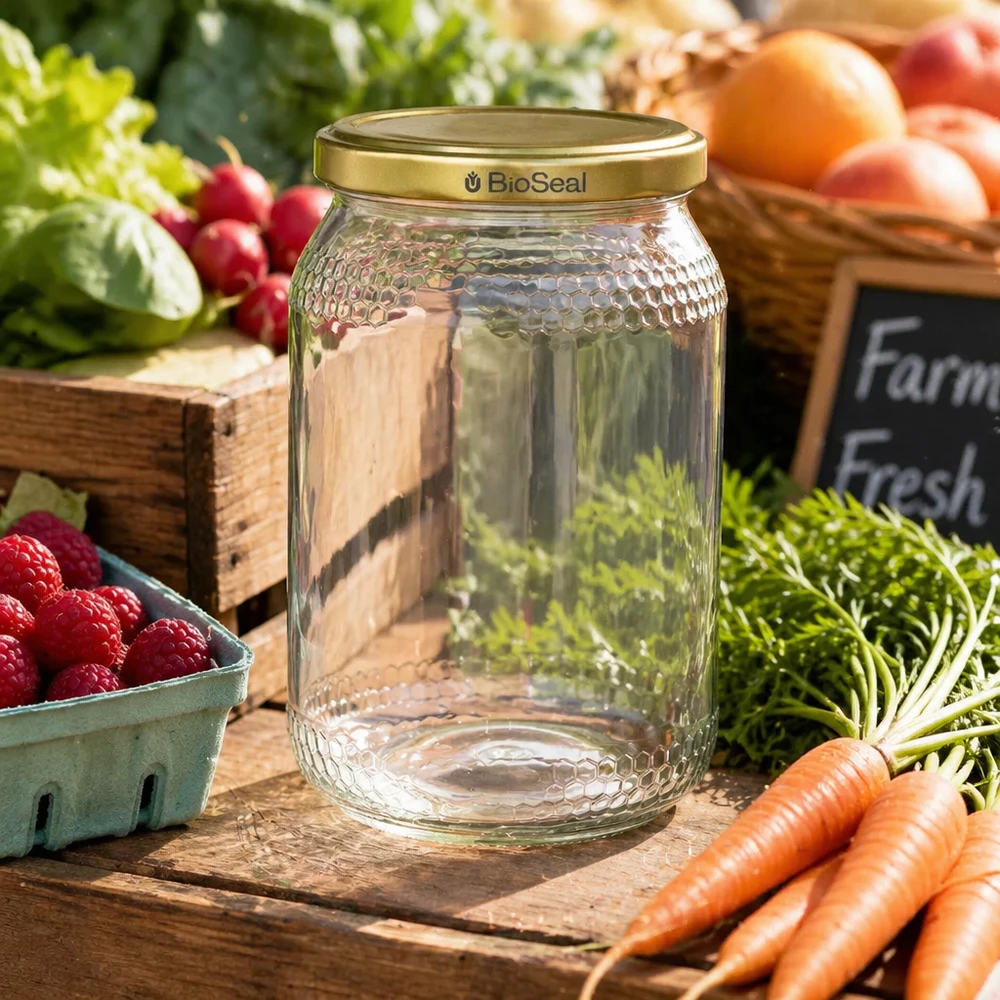 Pot à miel 1260 g avec couvercle doré BioSeal UNiTWIST 900ml pot de miel BioSeal couvercle doré entre légumes frais fraises carottes radis marché fermier atmosphère