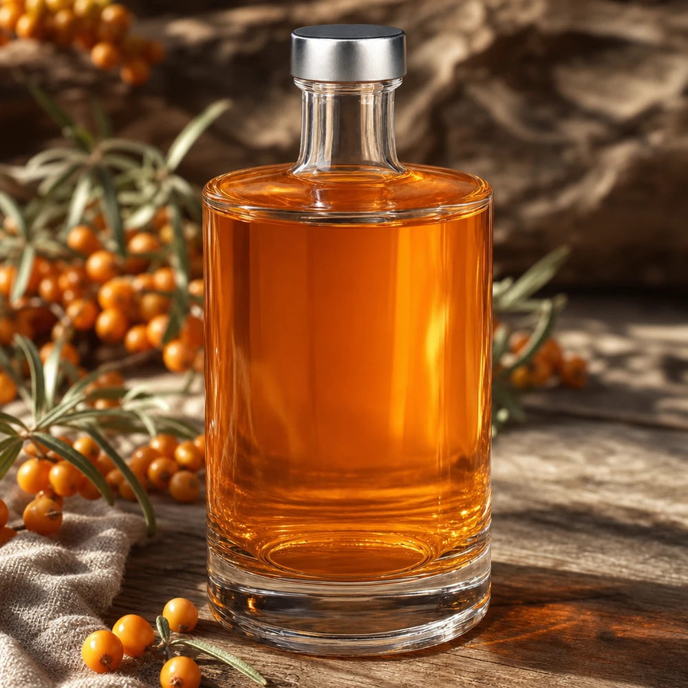Bouteille en verre Sam de 500 ml remplie de liqueur d'argousier à côté de baies d'argousier sur une planche en bois Décoration automnale