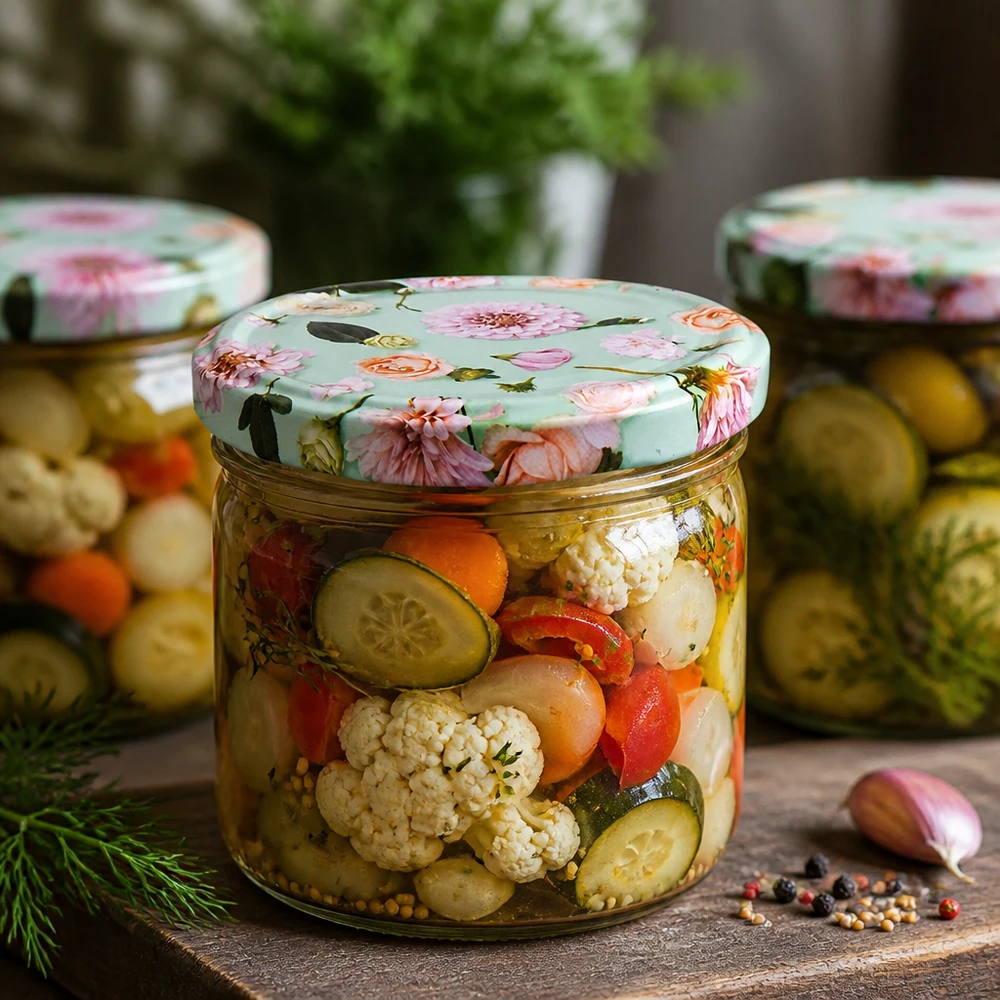 Pot de 260ml avec couvercle à fleurs BasicSeal menthe rempli de légumes mixtes et d'épices en conserve