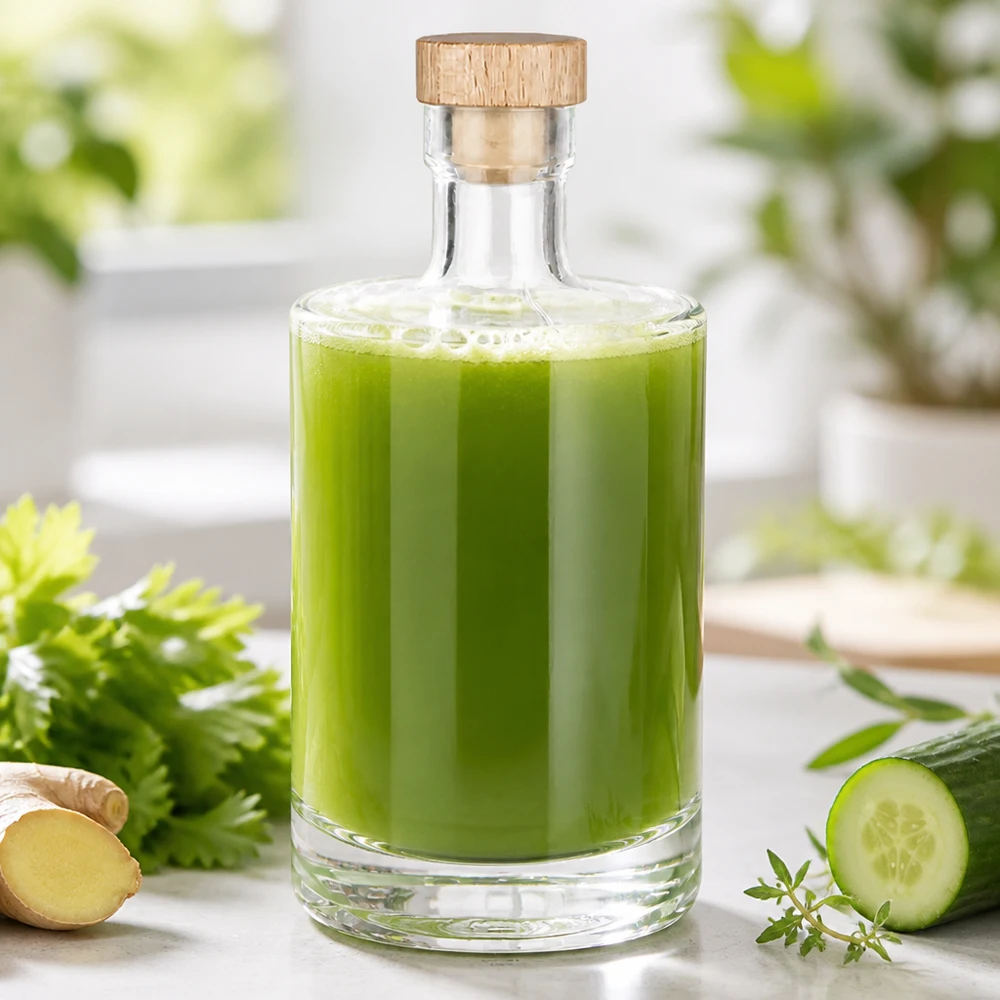 Bouteille en verre Marie de 500ml remplie de jus de légumes verts - bouchon en bois - photo lifestyle avec concombre et gingembre