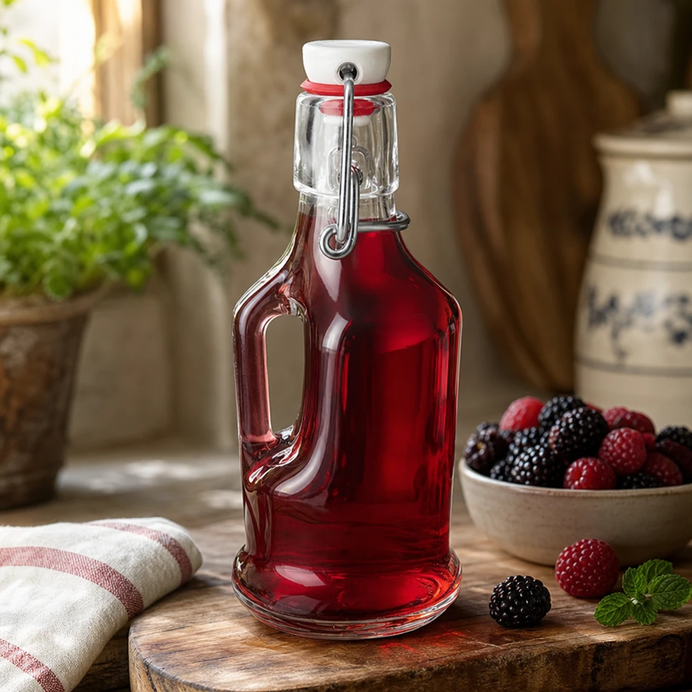 200ml Bouteille en verre Bertha remplie de baies rouges Lifestyle Scène Ambiance cuisine Porcelaine Bouchon à étrier UNiTW