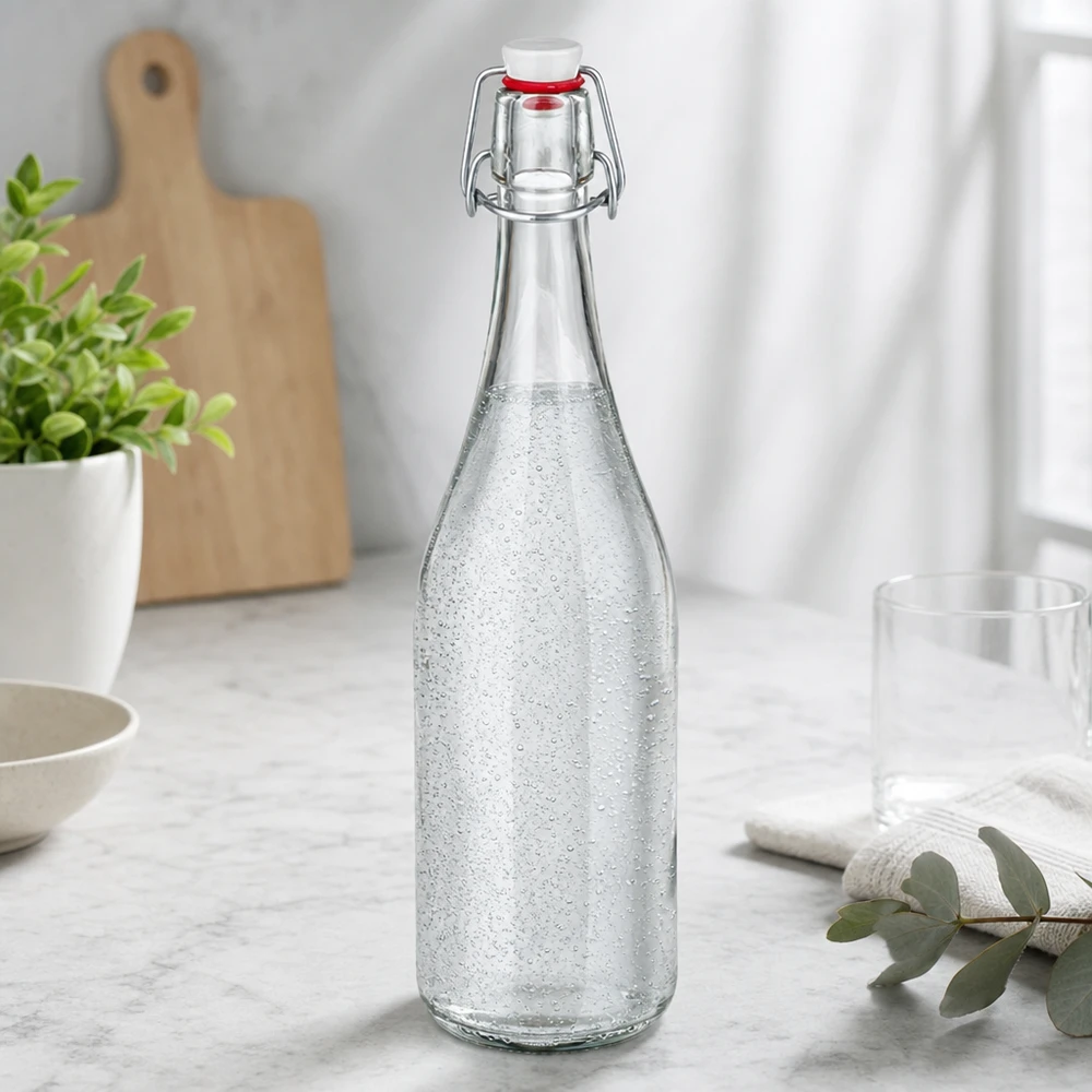 Bouteille en verre de 750 ml avec bouchon à étrier remplie d'eau gazeuse Scène de cuisine marbre Plan de travail moderne
