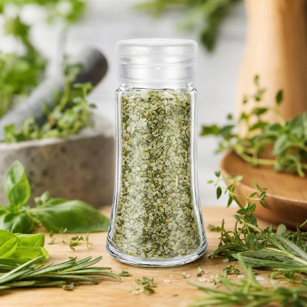 Sel aux herbes dans un pot en verre transparent de 95 ml, muni d'un couvercle saupoudreur blanc et orné d'herbes fraîches