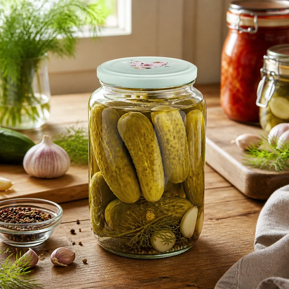 Pot rond de 795 ml + couvercle BasicSeal cur menthe UNiTWIST 795ml bocal rond rempli de cornichons montre menthe couvercle en forme de cœur lors de la mise en conserve des légumes dans la cuisine rustique